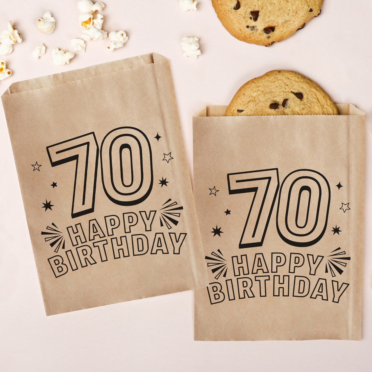 Big Dot of Happiness Adult 70th Birthday Kraft Brown Paper Treat Bags, Birthday Individual Greaseproof Brown Paper Sandwich Cookie Bags - 25 Count